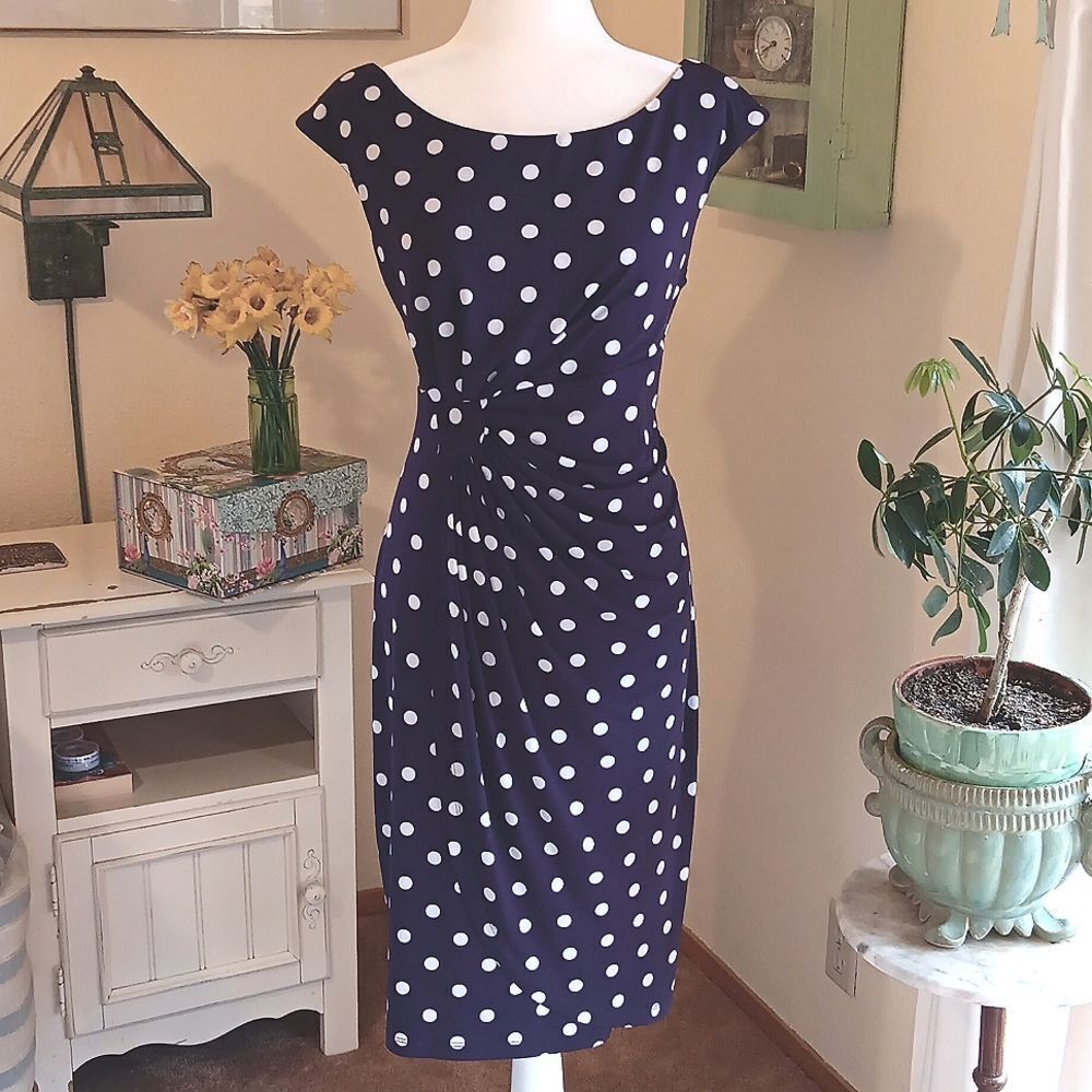 Connected Apparel Deep Purple/ Navy Polka Dot  Dress. Career. Professional